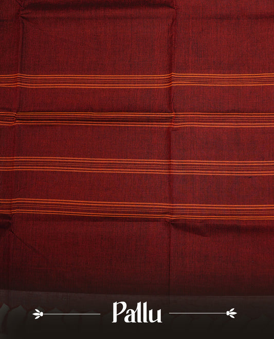 Maroon  colour chettinad cotton saree featuring  Plain body, complemented by  Black Colour With Gold Zari border, paired with matching blouse piece.