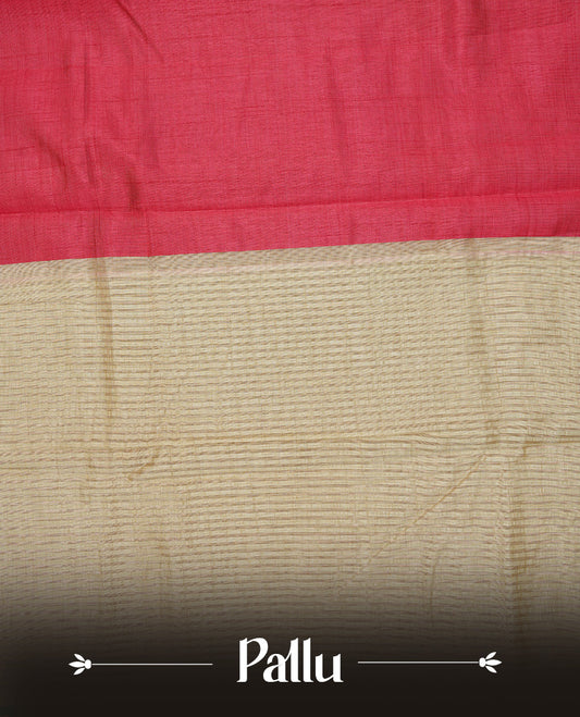 Red colour Semi Tussar silk saree featuring an elegant plain body, accentuated by a contrast cream border adorned with intricate gold zari work, paired with a matching blouse piece.