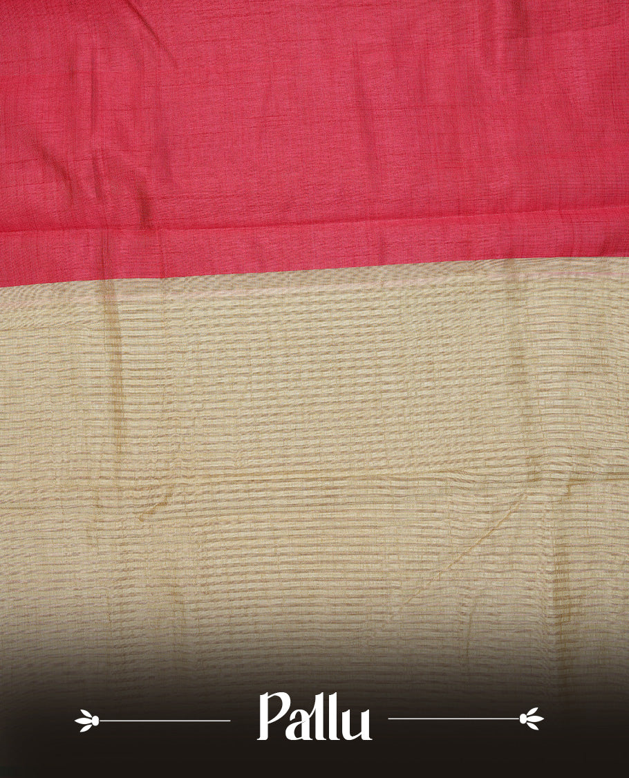 Red colour Semi Tussar silk saree featuring an elegant plain body, accentuated by a contrast cream border adorned with intricate gold zari work, paired with a matching blouse piece.