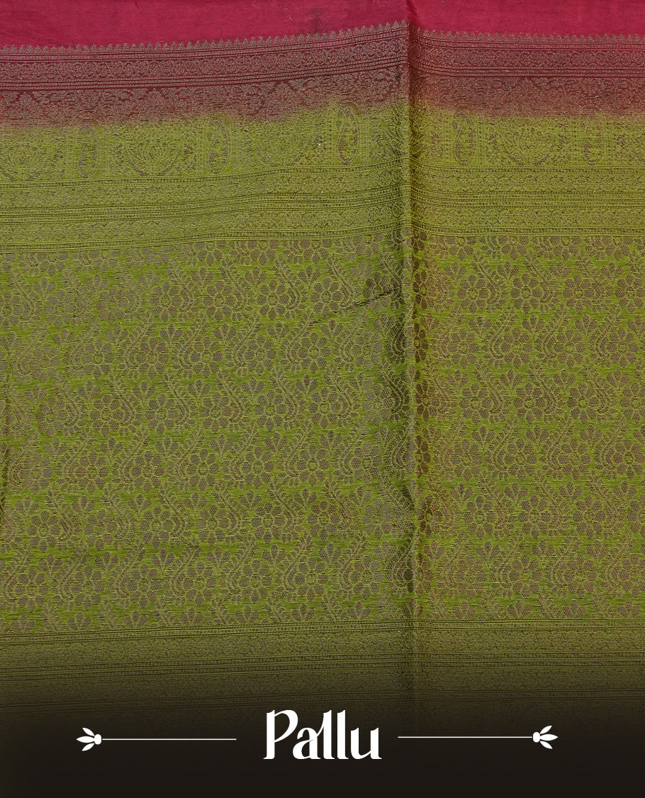 Dark Red colour semi linen saree with elegant gold zari Leaf motifs across the body, complemented by a contrast green colour with grand gold zari pallu and a borderless design, paired with a matching blouse piece.