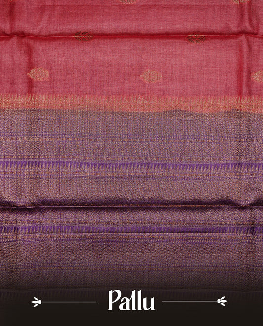 Red colour Pure Banaras Tussar silk saree Featuring Gold zari buttas on body, complemented by Contrast Purple colour with zari border, paired with matching blouse piece.