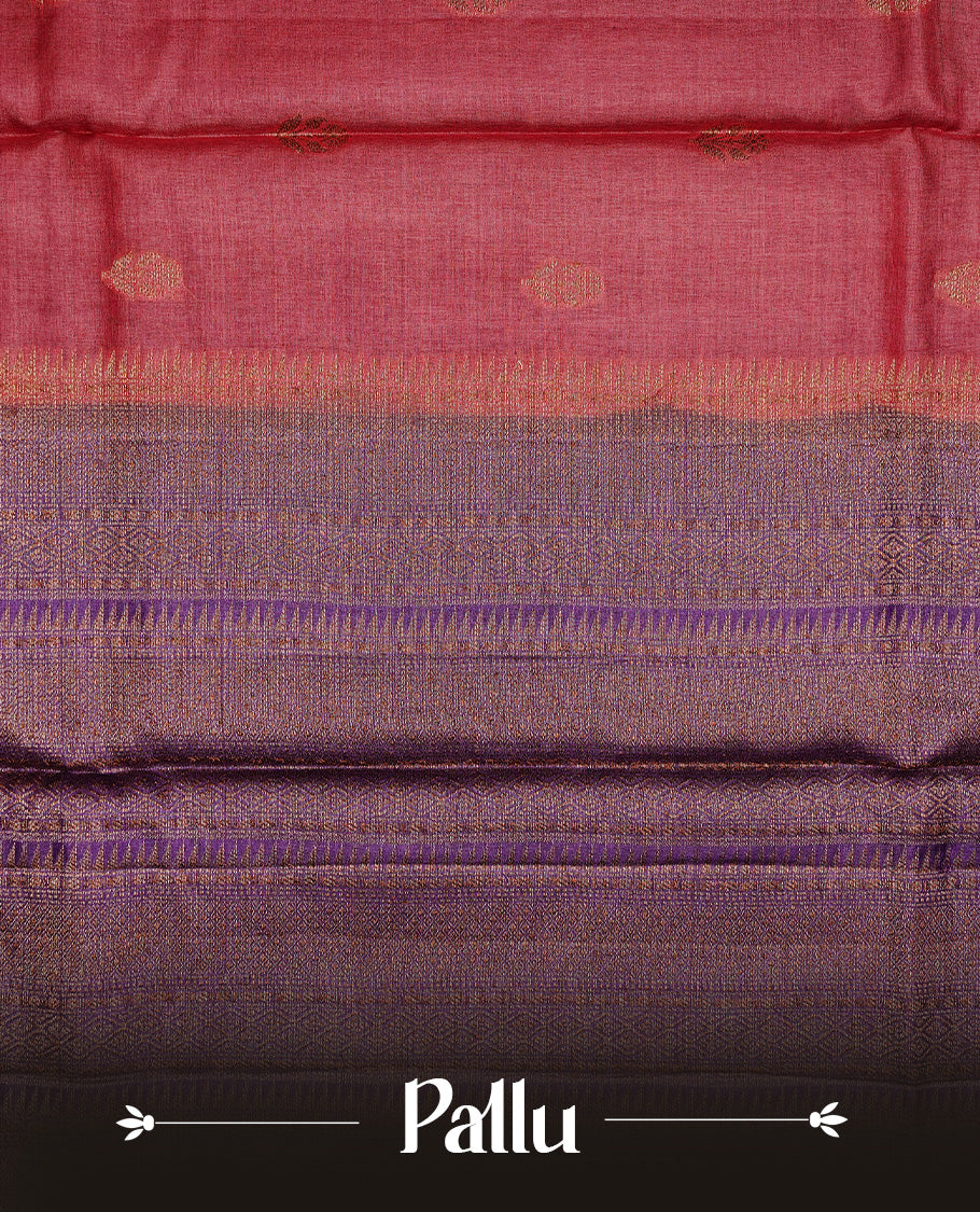 Red colour Pure Banaras Tussar silk saree Featuring Gold zari buttas on body, complemented by Contrast Purple colour with zari border, paired with matching blouse piece.