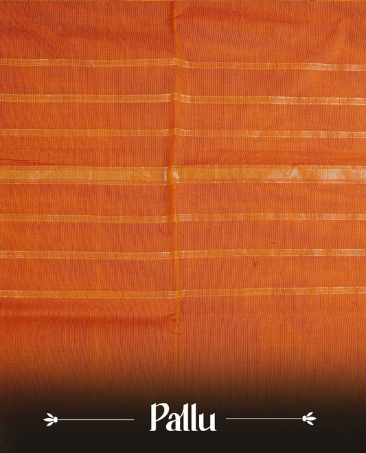 Brick orange colour chettinad cotton saree featuring Elegant plain body, complemented by contrast Black colour with Gold zari border, paired with matching blouse piece.