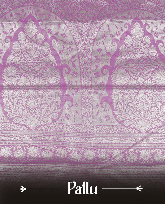 Light Gold Tissue silk saree featuring Pink colour floral design on body, complemented by Pink colour with Light gold zari border, paired with matching blouse piece.