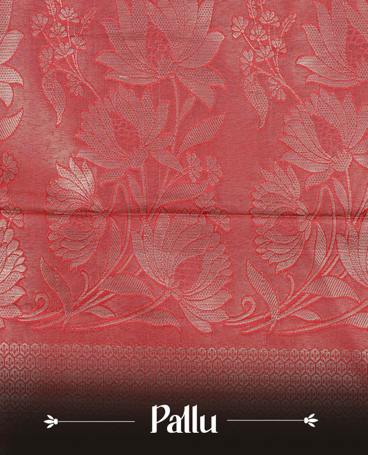 Maroon colour Semi wedding silk saree featuring Green colour floral kodi on body, complemented by contrast Self colour with gold zari border, paired with matching blouse piece.