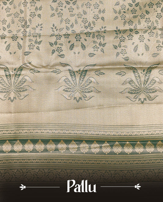 Light green colour Tissue silk saree featuring Pink colour floral zari motifs on body, complemented by contrast Light green with gold zari border, paired with matching blouse piece.