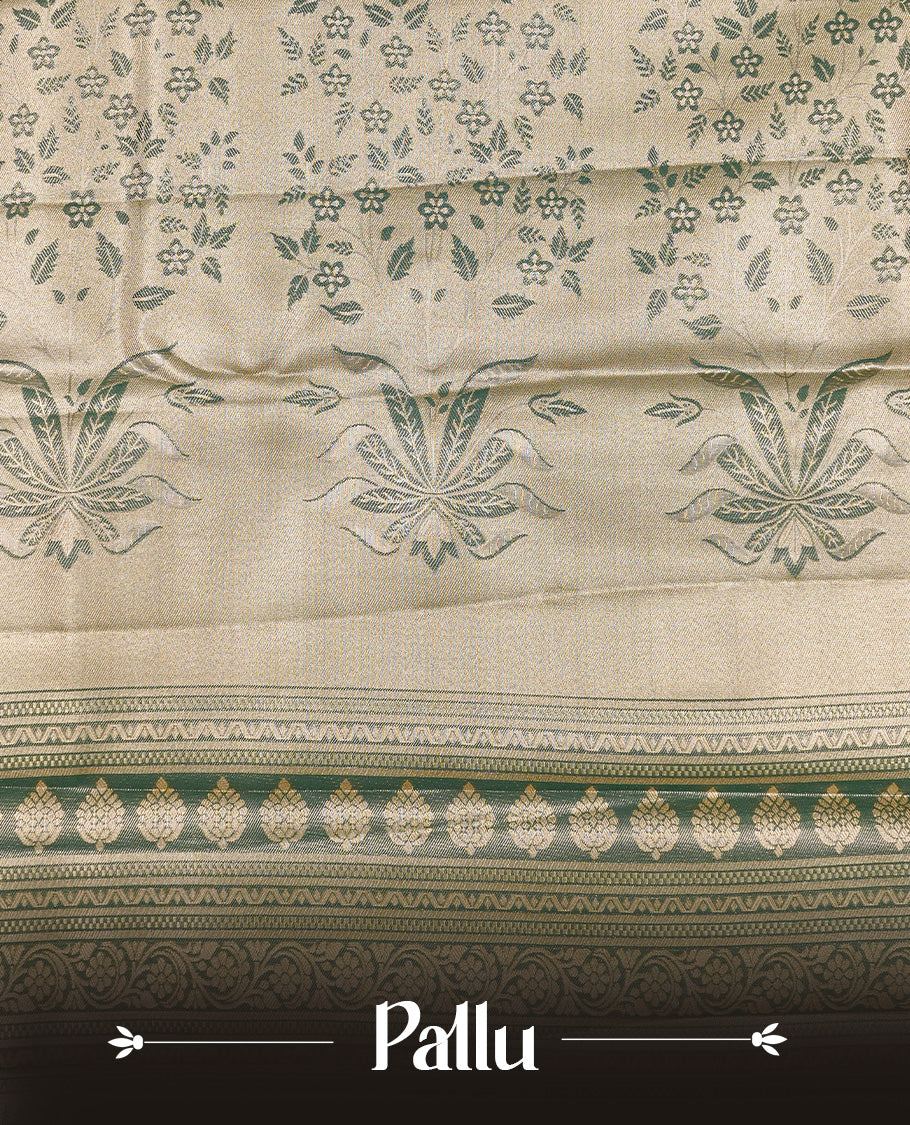 Light green colour Tissue silk saree featuring Pink colour floral zari motifs on body, complemented by contrast Light green with gold zari border, paired with matching blouse piece.