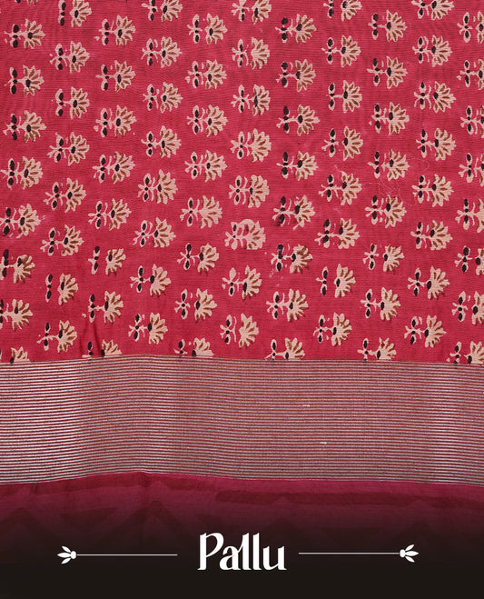 Maroon Colour Chanderi Silk Saree Featuring Floral Print On Body, Complemented by Self Colour with Antique Zari Border, Paired With Matching blouse Piece.