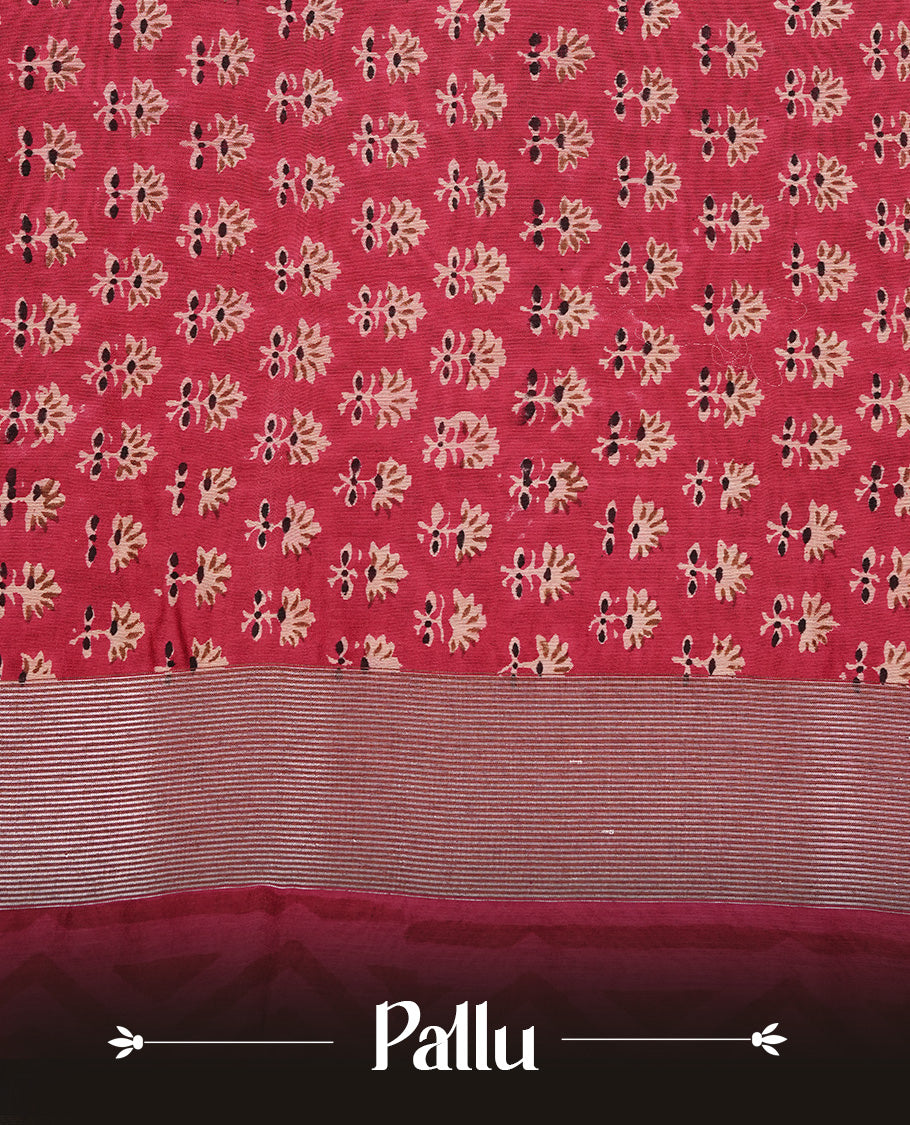 Maroon Colour Chanderi Silk Saree Featuring Floral Print On Body, Complemented by Self Colour with Antique Zari Border, Paired With Matching blouse Piece.