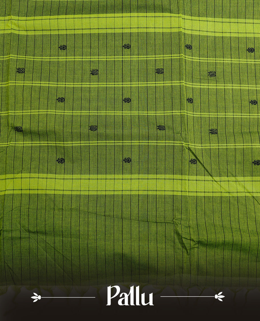Green colour chettinad cotton saree featurign black Check pattern with Motifs on body, complemented by contrast Black With gold zari border, paired with matching blouse piece.