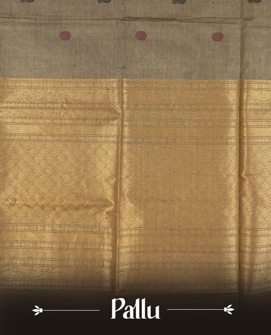 Grey and maroon dual shaded Chettinad cotton saree featuring intricate zari weaving all over the body, Enhanced with a rich maroon zari border and pallu, giving it a traditional and regal appeal & Comes with a matching blouse piece.