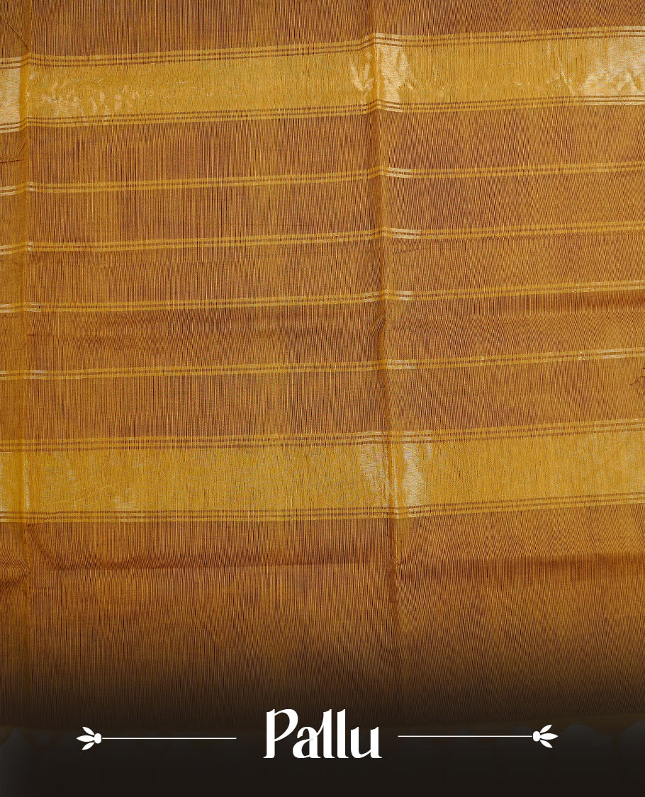 Olive colour chettinad cotton saree featuring  Plain  body, complemented by Contrast Brown & Green Colour With Gold Zari border, paired with matching blouse piece.