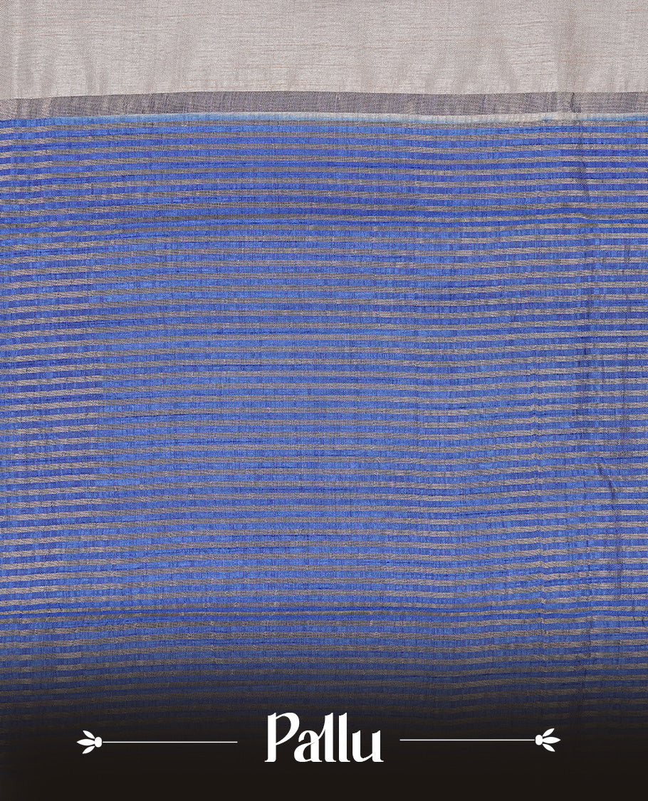 Cream colour Tussar silk saree Featuring Elegant Plain body, complemented by Contrast blue colour with gold zari border, paired with matching blouse piece.
