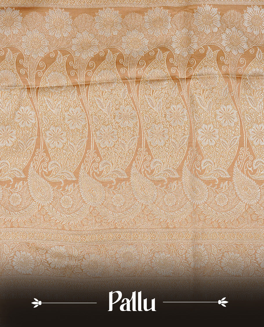 Golden beige colour Mulberry silk saree featuring gold zari motifs on body, complemented by contrast self colour with gold zari border, comes with matching blouse piece.