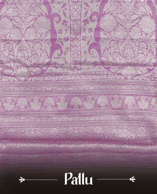 Light Gold colour Tissue silk saree featuring Pink colour floral zari motifs on body, complemented by contrast Lavender with Gold zari border, paired with matching blouse piece.