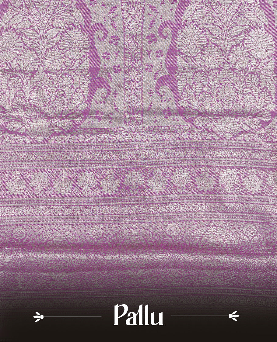 Light Gold colour Tissue silk saree featuring Pink colour floral zari motifs on body, complemented by contrast Lavender with Gold zari border, paired with matching blouse piece.