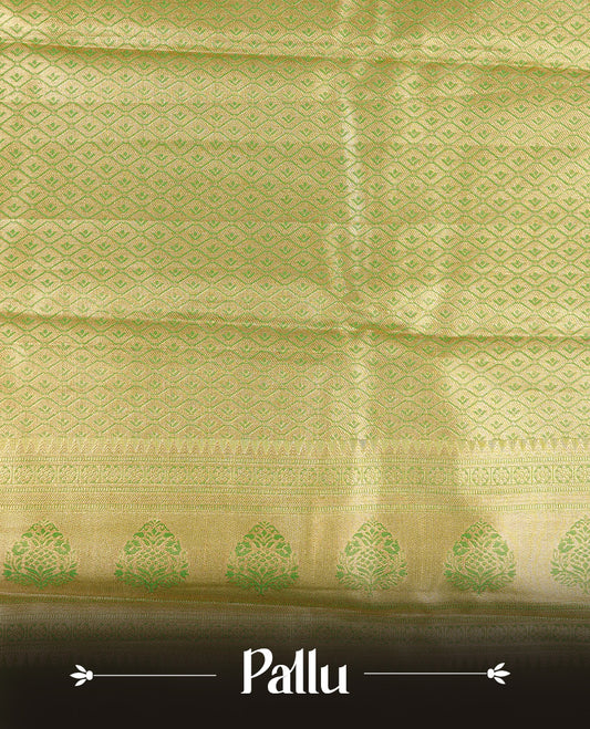 Green & Gold colour Double shade Semi tissue silk saree featuring self color Floral pattern on body, Contrast Light Green colour with Fancy border, paired with matching.