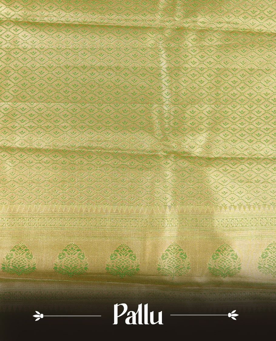 Green & Gold colour Double shade Semi tissue silk saree featuring self color Floral pattern on body, Contrast Light Green colour with Fancy border, paired with matching.