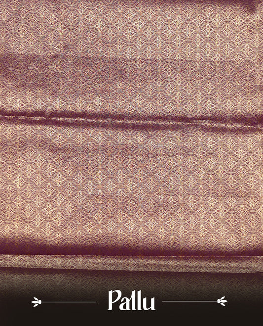 Purple & Gold Colour Tissue silk saree featuirng gold zari kodi pattern on body, enhanced with traditional border on self colour, paired with matching blouse piece.