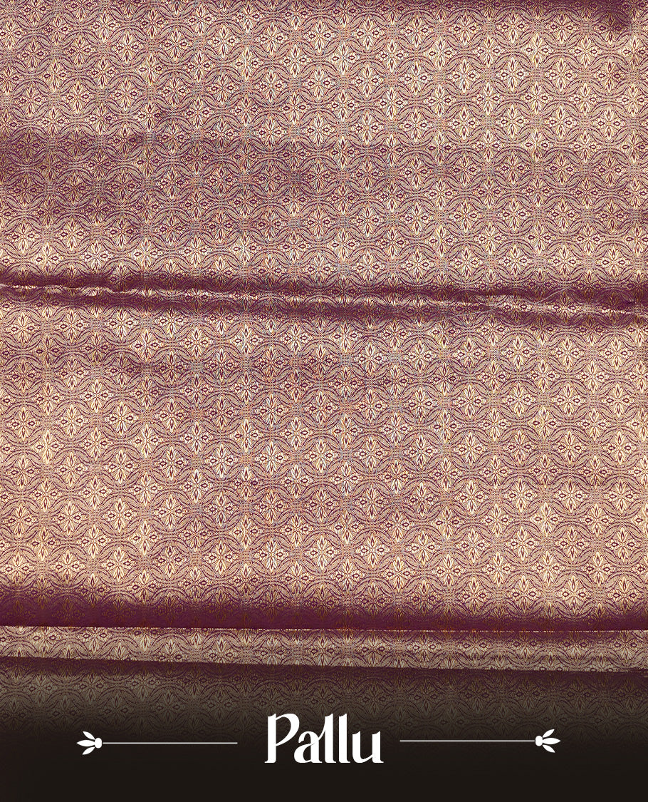 Purple & Gold Colour Tissue silk saree featuirng gold zari kodi pattern on body, enhanced with traditional border on self colour, paired with matching blouse piece.