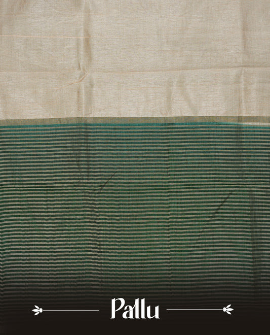 Cream colour Semi Tussar silk saree featuring an elegant plain body, accentuated by a contrast Green border adorned with intricate gold zari work, paired with a matching blouse piece.