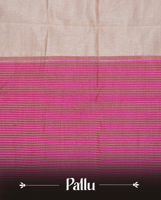 Cream colour Semi Tussar silk saree featuring an elegant plain body, accentuated by a contrast Pink border adorned with intricate gold Mango zari work, paired with a matching blouse piece.