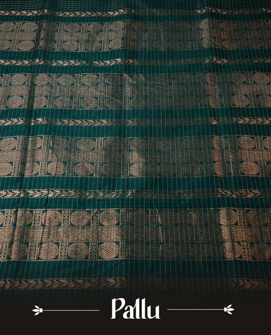 Bottle Green colour Kalyani cotton saree featuring Gold zari checks on body, enhanced with zari border and grand zari pallu, comes with self colour blouse piece.