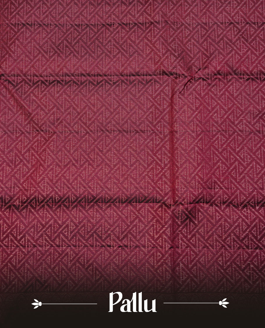 Wine Colour Traditional Kancheepuram Silk Saree Featuring Light Gold  Zari Triangle  Motifs on the Body, Designed Without a Border and with a Grand Pallu, Paired with a Matching Blouse.