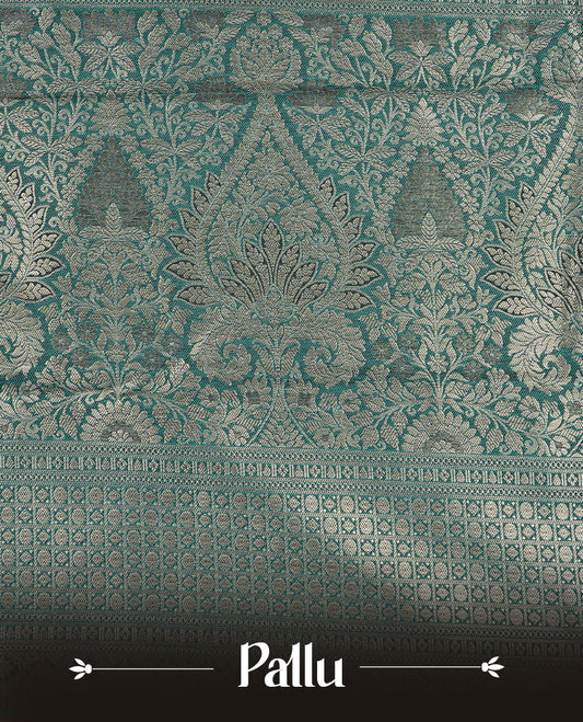 Green colour semi wedding silk saree featuring Gold zari Floral kodi pattern with Silver zari peacock motifs on body, complemented gold zari border, paired with matching blouse piece.