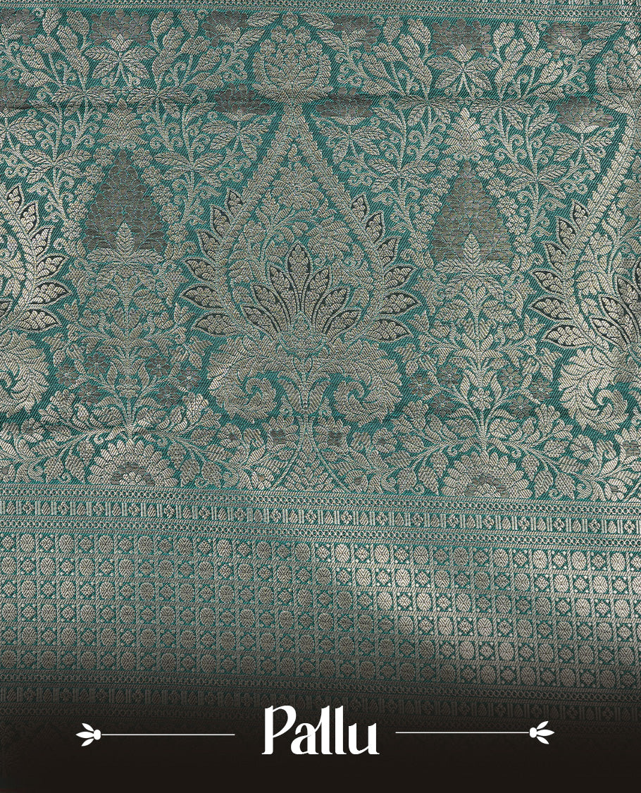 Green colour semi wedding silk saree featuring Gold zari Floral kodi pattern with Silver zari peacock motifs on body, complemented gold zari border, paired with matching blouse piece.