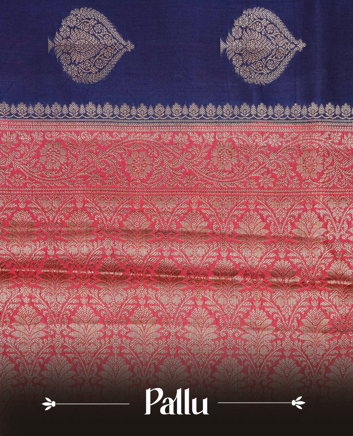 Navy blue colour banaras silk saree featuring gold zari motifs on body, complemented by contrast red colour with traditional border, comes with matching blouse piece.