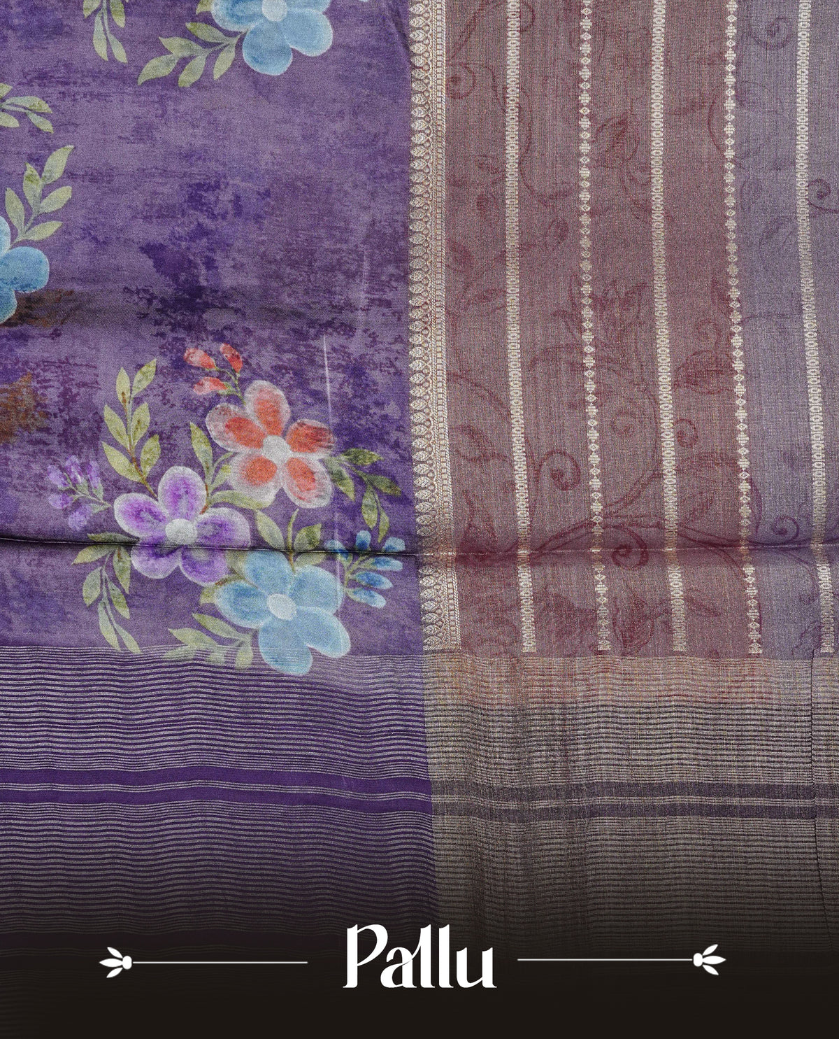 Purple colour banaras silk saree featuring Floral print on body, complemented by Light gold zari border with striped pallu, comes with matching blouse piece.