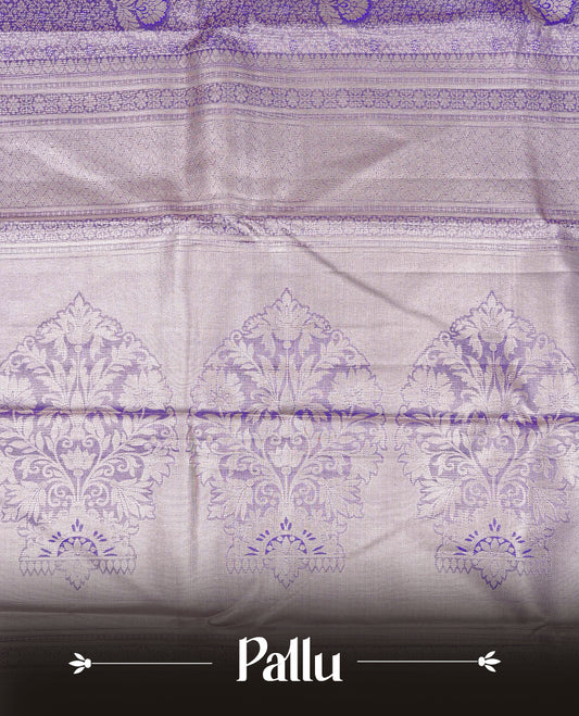 Violet & Gold Double shade Semi Tissue Silk saree featuring Light gold Kodi pattern on body, complemented by Contrast Lavender with gold zari border, paired with matching blouse piece.