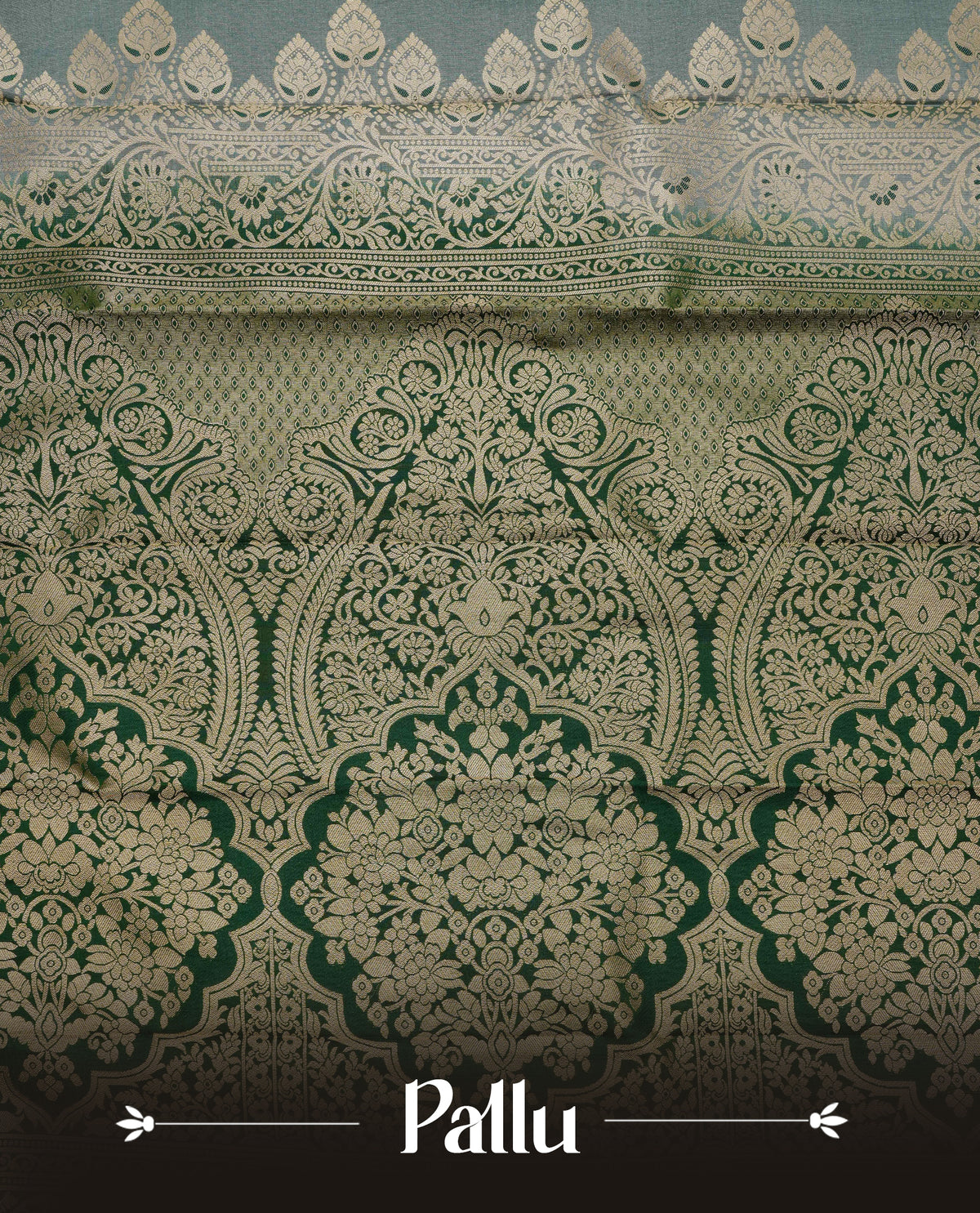Off white colour silk saree featuring gold zari floral patterns on body, contrast dark green with gold zari traditional border, contrast grand pallu comes with matching blouse piece .