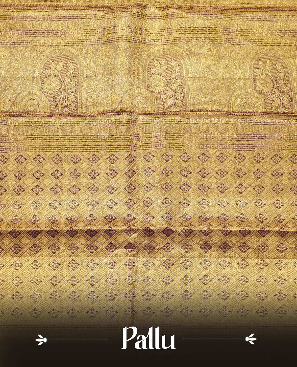 Gold colour pure tissue silk saree featuring gold zari geometric pattern on body, complemented by contrast Chocolate colour with traditional border, comes with matching blouse piece.