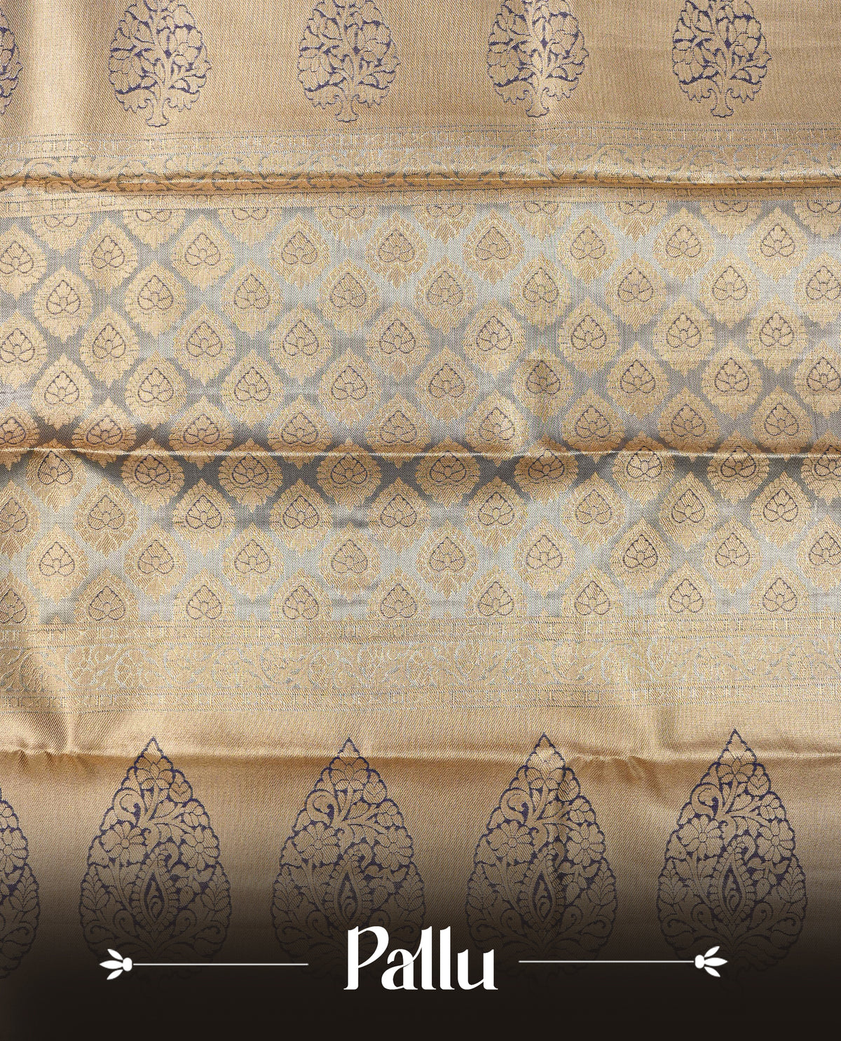 Blue colour Semi Tissue Silk Saree featuring gold zari floral kodi Works on the body, complemented by an intricately woven gold zari pallu, a rich Deep Purple border with traditional gold zari work and paired with a matching plain blouse piece.