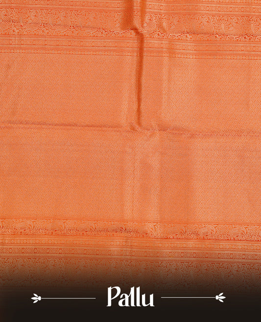 Orange colour traditional kancheepuram silk saree featuring gold zari check pattern on body, complemented by self colour with gold zari traditional border, paired with matching blouse piece.
