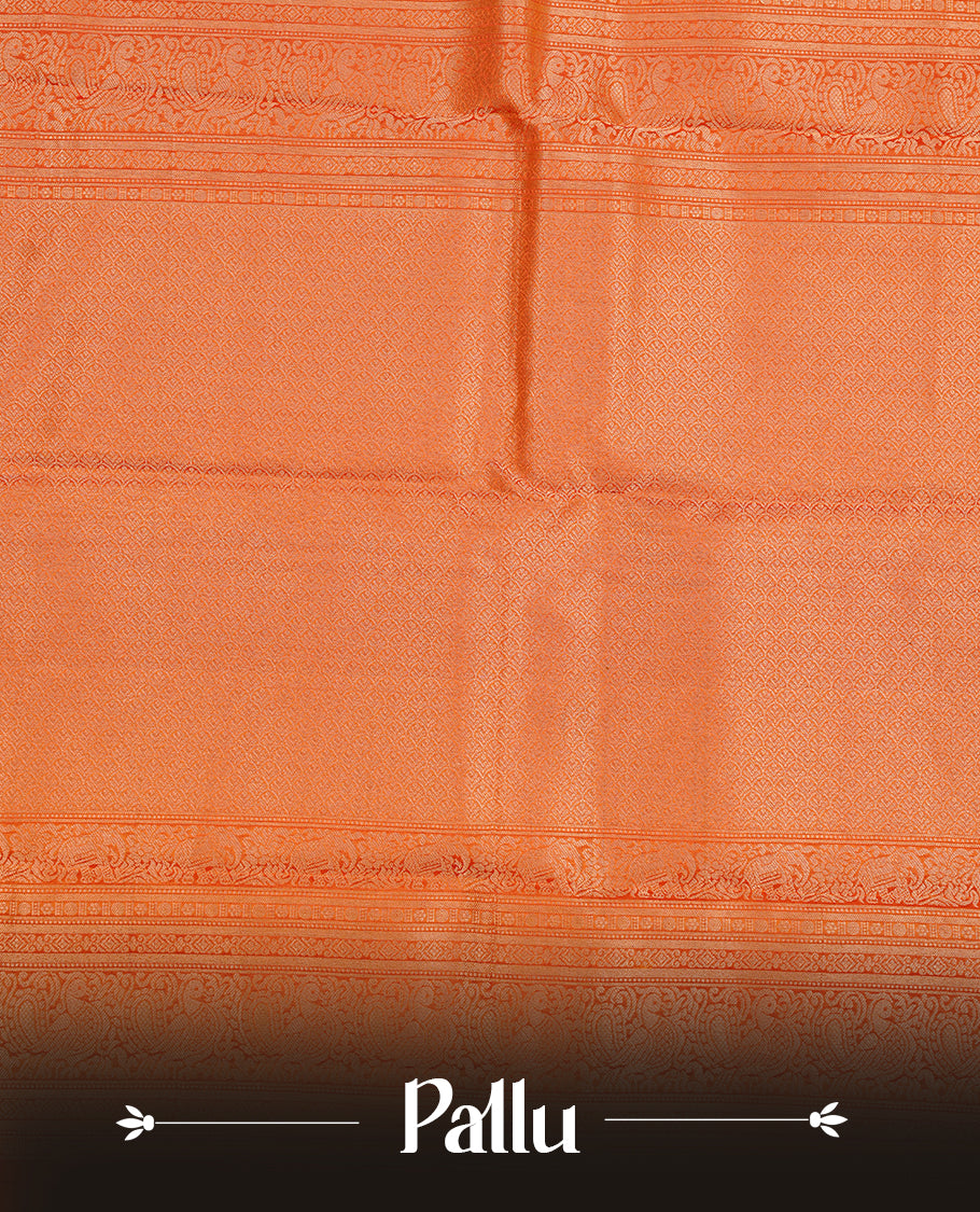 Orange colour traditional kancheepuram silk saree featuring gold zari check pattern on body, complemented by self colour with gold zari traditional border, paired with matching blouse piece.