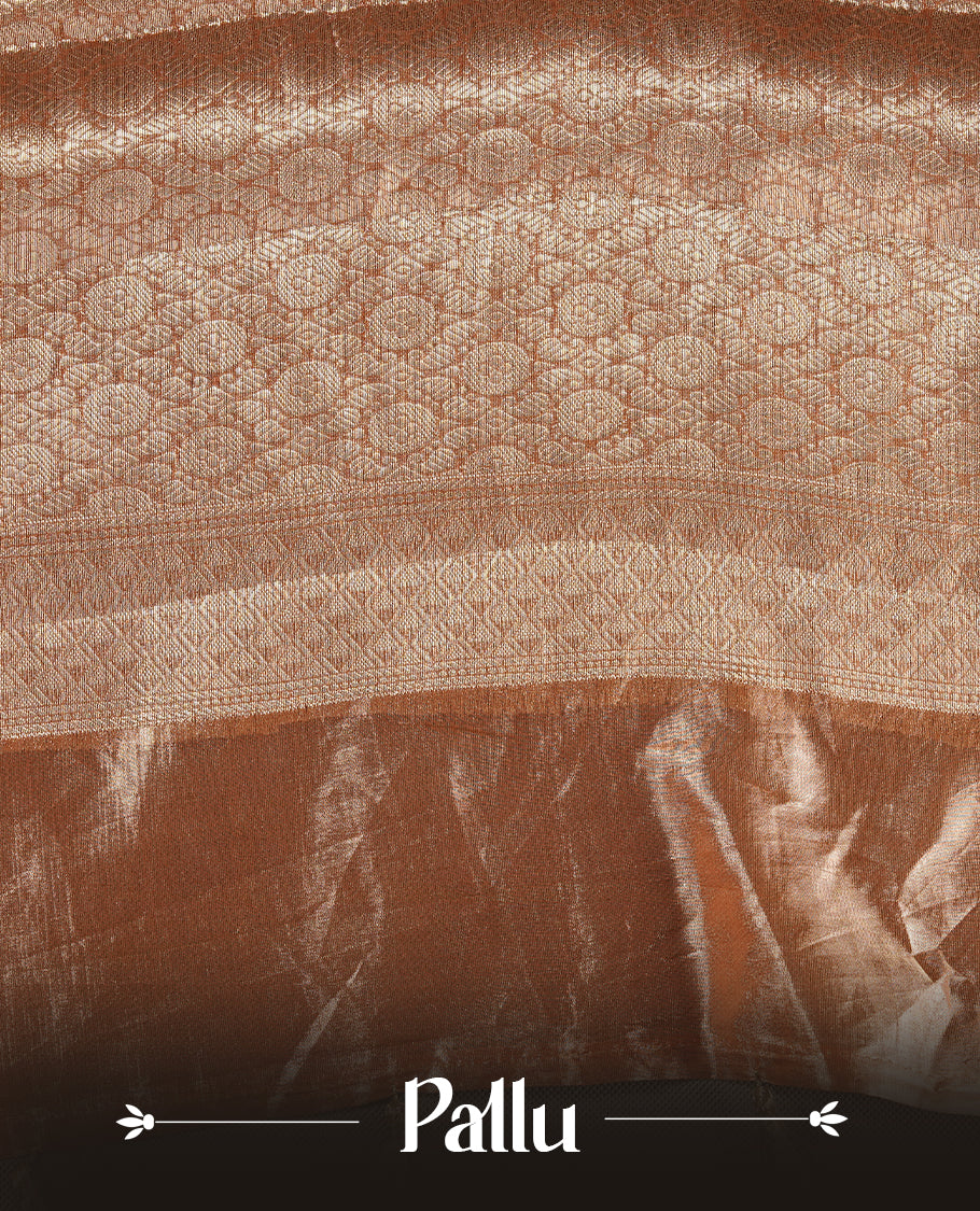 Orange & gold double shade pure banaras tissue silk saree featuring gold zari pattern on body, complemented by orange piping with traditional border, paired with matching blouse piece.