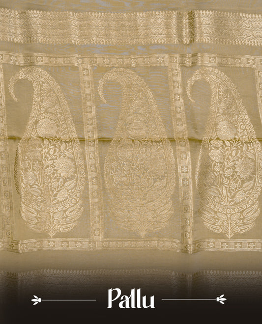 Beige colour Banaras satin crepe silk saree featuring Plain body, associate with Gold zari traditional border, comes with matching blouse piece.