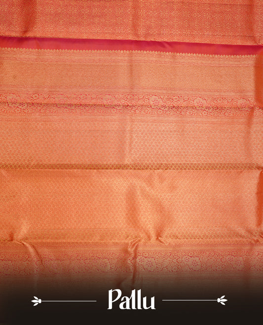 Orange colour kancheepuram silk saree featuring gold zari pattern across body, complemented by selfcolour border traditional zari border, paired with matching blouse piece.