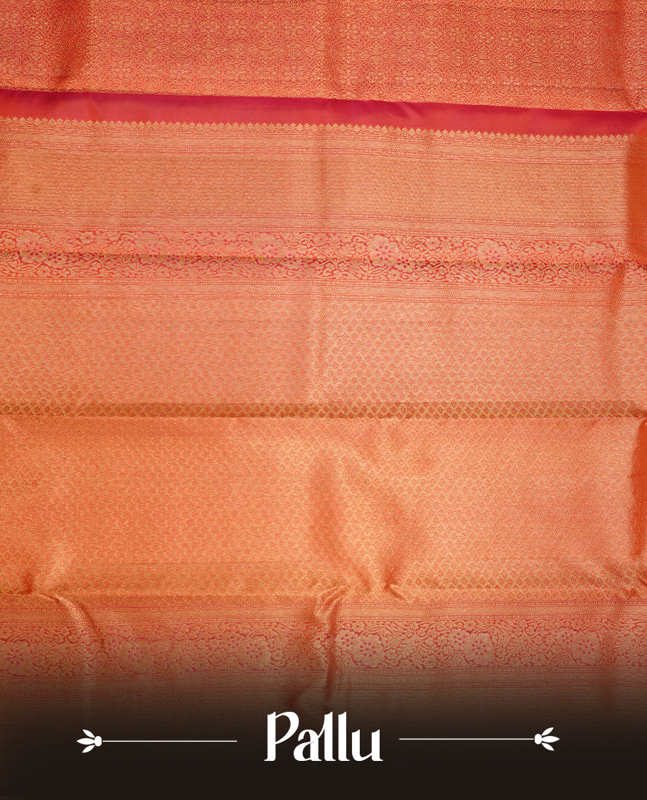 Orange colour kancheepuram silk saree featuring gold zari pattern across body, complemented by selfcolour border traditional zari border, paired with matching blouse piece.