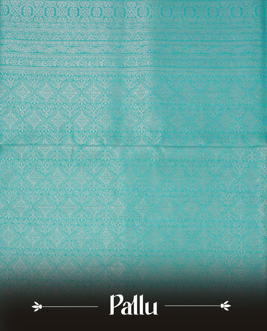 Aqua blue colour softie silk saree featuring silvar zari, rich pallu floral pattern brocade body, with contrasting self colour border.paired with matching blouse piece.