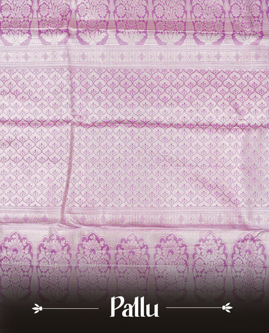 Purple & Gold Double shade Semi Tissue Silk saree featuring Light gold Kodi pattern on body, complemented by Contrast Lavender with gold zari border, paired with matching blouse piece.