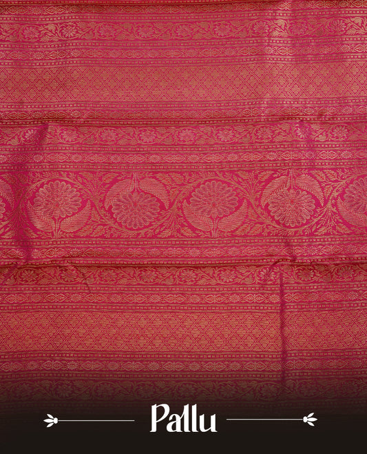 Magenta colour kancheepuram silk saree featuring gold zari floral kodi pattern on body, complemented by self colour with traditional border, paired with matching blouse piece.