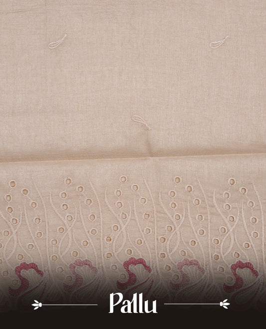 Beige colour Tussar silk saree featuring Elegant plain body, highlighting Mauve colour thread worked scalp border, pallu and paired with matching blouse piece.