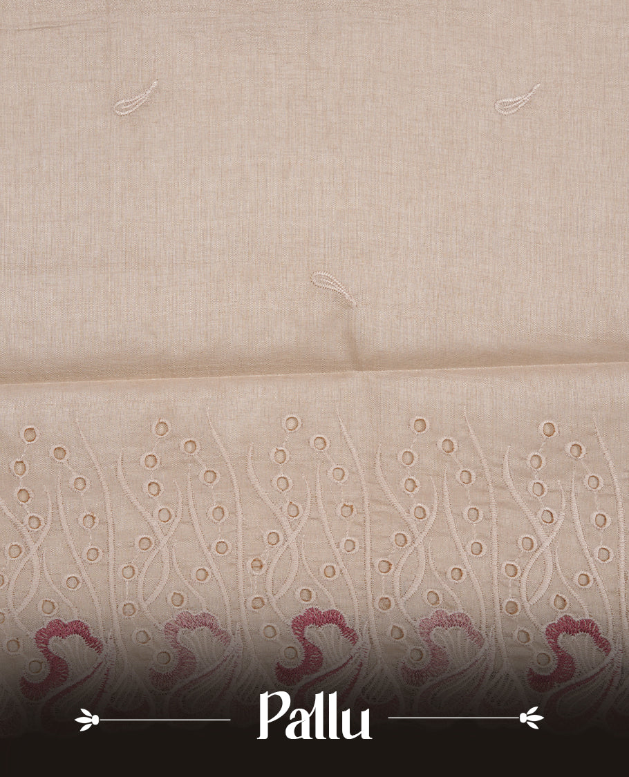Beige colour Tussar silk saree featuring Elegant plain body, highlighting Mauve colour thread worked scalp border, pallu and paired with matching blouse piece.