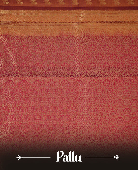 Rust orange colour soft silk saree featuring gold zari motifs on the body, complemented by a contrast Red traditional zari floral kodi border and pallu, paired with a matching blouse piece.