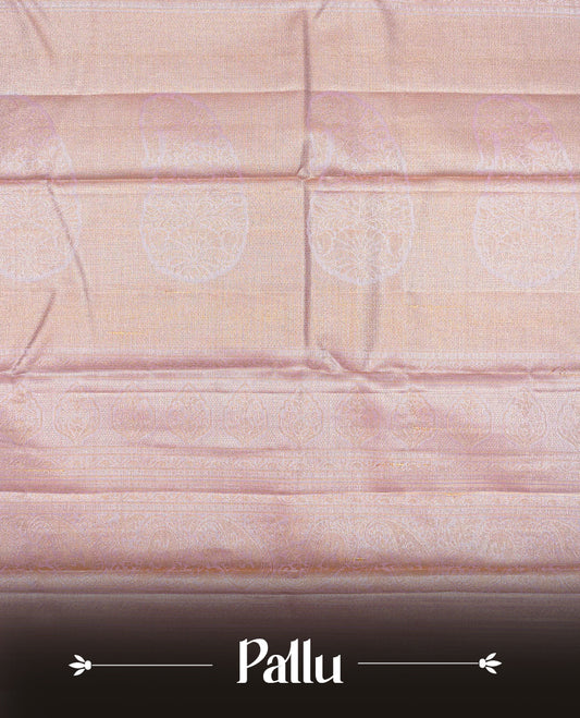 Baby pink colour Semi tissue silk saree featuring gold zari kodi floral motifs on body, Self colour with traditional border, paired with matching blouse piece.