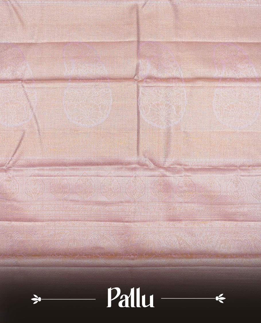 Baby pink colour Semi tissue silk saree featuring gold zari kodi floral motifs on body, Self colour with traditional border, paired with matching blouse piece.
